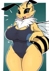 ai_generated antennae_(anatomy) anthro arthropod bee big_breasts blush border breasts cleavage clothed clothing curvy_figure female hellsonger hi_res insects neck_tuft non-mammal_breasts one-piece_swimsuit open_mouth simple_background solo stinger swimwear thick_thighs voluptuous white_border wide_hips wings yellow_body