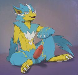 anthro balls claws drakawa generation_7_pokemon genitals legendary_pokemon looking_at_viewer male nintendo open_mouth open_smile pawpads paws penis pokemon pokemon_(species) sitting smile solo spread_legs spreading toe_claws zeraora