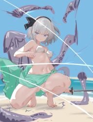 >:( alternate_costume aqua_sarong beach bikini bikini_top_only black_bow black_hairband blue_eyes blue_sky bow bow_hairband breasts clenched_hand commentary covered_nipples day female floating_clothes floating_hair full_body grey_hair hair_between_eyes hairband highres holding holding_sword holding_weapon katana konpaku_youmu light_censor looking_at_viewer navel no_panties ocean on_one_knee outdoors pussy sarong shadow short_hair sidelocks sky slashing small_breasts soara_shimomo solo_focus spaghetti_strap spread_legs swimsuit sword touhou v-shaped_eyebrows weapon white_bikini