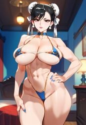 2d ai_generated big_breasts bikini bikini_bottom bikini_top blue_bikini capcom chun-li female female_focus female_only hair_bun highleg highleg_bikini indoors solo solo_female solo_focus street_fighter tagme