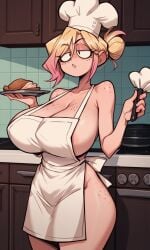 1girls ai_generated apron apron_only blonde_hair chef chef_hat freckles freckles_on_ass freckles_on_breasts freckles_on_face gradient_hair hair_bun huge_breasts kosine1777 kosineverse naked_apron original original_character pastry pink_hair tasha_(kosine1777) valbun_style