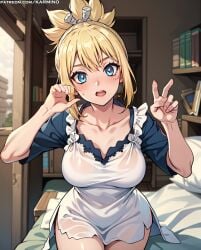 ai_generated bangs bed blonde_hair blue_eyes blush book bookshelf breasts cleavage clothing dr.stone dress female hands_up indoors kohaku_(dr.stone) large_breasts long_hair looking_at_viewer open_mouth pillow short_sleeves sitting smile solo sweatdrop teeth thighs tied_hair white_dress