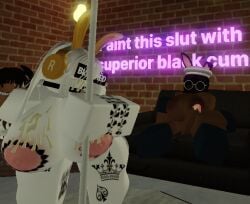 1girl1futa 3d blacked dark-skinned_futanari huge_cock racism roblox tattoo tattoo_on_butt white_skinned_female