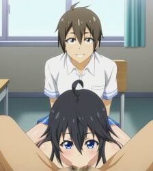 2boys1girl ai_generated assisted_fellatio bisexual bisexual_male blowjob blue_eyes brown_hair classroom cuckold dark_hair deepthroat fellatio ikntlive netoge_no_yome_wa_onna_no_ko_janai_to_omotta? nishimura_hideki tamaki_ako twink watching yaoi