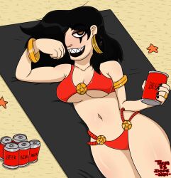 1girls beach beach_towel beer beer_can bikini dark_eyeshadow dopeisnukat female gold_jewelry hair_covering_eye light-skinned_female original original_character red_bikini sand sharp_teeth titania_(dopeisnukat)