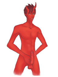 1boy arm_behind_back artist_request brown_hair damien_lavey demon erection horn horns incubus long_penis looking_at_viewer male male_only monster monster_prom no_nipples nude penis red_eyes red_skin short_hair sketch smile standing teeth testicles white_background