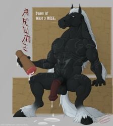 after_masturbation animal_genitalia animal_penis anthro balls bodily_fluids cum cum_drip dripping equid equine equine_genitalia equine_penis genital_fluids genitals half-erect hi_res horse male mammal muscular muscular_male penetrable_sex_toy penis sex_toy solo wulfiewilk