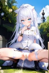 ai_generated blue_eyes chappycherri fox_ears hair_between_eyes hair_ornament peeing peeing_through_panties skinny small_breasts virtual_youtuber vtuber watersports wetting_self white_hair