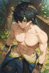 1boy abs ai_generated gay half_naked kinich_(genshin_impact) male_only muscles muscular_male pecs shirtless_male tagme yaoi