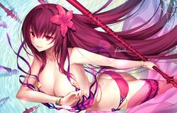 breasts fate/grand_order fate_(series) female female_only kousaki_rui looking_at_viewer mitsuzaki_(artist) purple_eyes purple_hair scathach_(fate) scathach_(swimsuit_assassin)