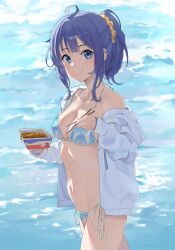 ahoge bare_belly bare_legs bare_shoulders bare_thighs beach belly_button bikini blue_bikini blue_eyes blue_hair blush breasts chopsticks cleavage closed_mouth collarbone eating hair_ornament halterneck high_ponytail huan_gogo jacket jacket_over_swimsuit make_heroine_ga_oo_sugiru! medium_breasts ocean outdoors ponytail shirt_down side-tie_bikini_bottom string_bikini thighs water yanami_anna