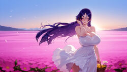 1girl female long_hair minamoto_no_raikou_(fate) purple_hair white_dress breasts clothing purple_eyes basket field dress solo huge_breasts cleavage flower_field flower parted_bangs outdoors bare_shoulders fate_(series) fruit very_long_hair looking_at_viewer fate/grand_order blush sky food parted_lips holding_basket sundress mature_female spaghetti_strap sunrise wind collarbone holding large_breasts bird white_flower gradient_sky straight_hair hand_in_own_hair pink_flower yellow_flower curvy adjusting_hair mountainous_horizon wind_lift day cowboy_shot floating_hair hand_up inviting inviting_to_sex seductive seductive_look seductive_smile presenting presenting_hindquarters presenting_ass presenting_self presenting_breasts 1girls ai_generated voluptuous_female voluptuous curvaceous curvaceous_figure curvaceous_female curvy_figure female_focus balecxi minamoto_no_raikou_(fate/grand_order) minamoto_no_raikou_(swimsuit_lancer)_(fate)