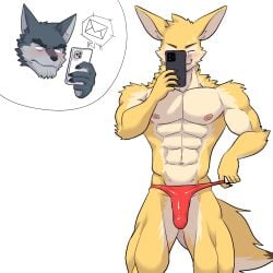 abs anthro biceps blush bodily_fluids briefs bulge canid canine cellphone clothing detailed_bulge electronics embarrassed foreskin fox front_view furtissier genital_outline genitals half-erect hi_res holding_cellphone holding_object holding_phone male male_only mammal mouth_closed navel nervous_smile pecs penis penis_outline phone quads red_briefs red_clothing red_underwear retracted_foreskin simple_background solo standing sweat tight_briefs underwear white_background yellow_body