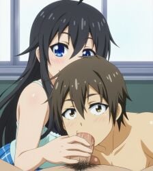 2boys1girl ai_generated assisted_fellatio bisexual bisexual_male blowjob blue_eyes brown_hair classroom cuckold dark_hair fellatio ikntlive male_pov netoge_no_yome_wa_onna_no_ko_janai_to_omotta? nishimura_hideki pov tamaki_ako twink watching yaoi