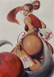 1girls big_ass brown_hair fan female king_of_fighters kunoichi large_ass lipstick looking_back mai_shiranui ninja ninja_girl shiwasu11 smile snk