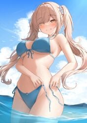 amber_eyes bikini blue_bikini blue_sky blush breasts brown_eyes brown_hair cloud commentary_request day female highres imouto-chan_(monaka_curl) large_breasts long_hair looking_at_viewer monaka_curl ocean oerba_yun_fang open_mouth original sky smile solo swimsuit twintails