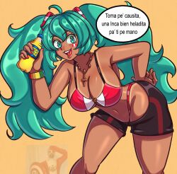 1girls asian_latina capitan_peru female female_only hatsune_miku inca_kola k1zd3 latin_american_hatsune_miku_(meme) latina light_orange_background meme peruvian_female peruvian_flag peruvian_flag_bikini peruvian_miku spanish_dialogue spanish_text text vocaloid xd