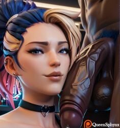 1boy 1girl 1girls ai_generated akali black_hair blonde_hair blue_eyes dark-skinned_male dark_skin female interracial k/da_akali k/da_all_out_series k/da_series large_penis league_of_legends light-skinned_female light_skin looking_at_viewer male multicolored_hair penis_on_face ponytail precum queensphynx riot_games smirk veiny_penis