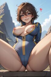 ai_generated ass ass_visible_through_thighs bangs blue_eyes blue_sky blurry blurry_background blush breasts breasts_out brown_hair collarbone day fallout female hair_between_eyes heart juswa large_breasts leaning_back leotard lips looking_at_viewer nipples outdoors short_hair sitting sky smile solo spread_legs teeth thighs unzipped vault_suit zipper zipper_pull_tab