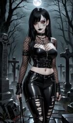 ai_generated black_hair black_legwear cemetery choker cleavage collar earrings fingerless_gloves fishnets goth goth_girl graveyard leather navel original_character pale_skin piercing red_eyes ripped_clothing tight_clothes