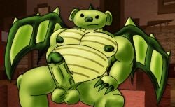 anthro bara bear bear_(game) big_wings chubby dragon dragon_(bear) dragon_wings dragooner fat first_porn_of_character green_body green_skin large_breasts large_cock large_penis looking_at_viewer male male_breasts male_only musclegut muscles muscular_male pecs pectorals penis roblox solo solo_anthro solo_male