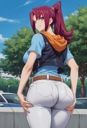 ai_generated ass clothing dat_ass duelistmuser female grabbing_ass hires huge_breast kari_tsukumo low-angle_view ponytail purple_eyes rear_view red_hair seductive seductive_pose smile solo tsukumo_akari yu-gi-oh! yu-gi-oh!_zexal