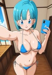 ai_generated big_breasts bikini blue_eyes blue_hair bob_cut bulma_briefs bulma_briefs_(frieza_saga) civitai dragon_ball dragon_ball_z holding_object holding_phone large_breasts object_in_hand selfie selfie_pose smartphone smile straight_hair