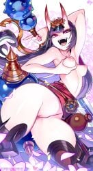 1girls breasts_out bubble_ass bubble_butt fate/grand_order fate_(series) female female_only horns kimono krokobyaka looking_at_viewer looking_back medium_breasts nipples oni oni_horns purple_eyes shuten_douji_(fate) small_breasts smiling_at_viewer solo thick_thighs