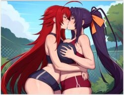 ai_generated akeno_himejima black_hair black_hair_bottom dominant_females domination high_school_dxd lesbian_couple lesbian_kiss lesbian_sex light_hair_on_dark_hair red_hair red_hair_on_black_hair red_hair_top rias_gremory two_dominant_females yuri