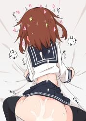 after_sex after_vaginal all_fours ame_(amechan17391739) ass bed black_thighhighs brown_hair clothed_sex clothes_lift cum cum_on_ass cum_on_back cum_on_body doggy_style female heart highres ikazuchi_(kantai_collection) kantai_collection no_panties on_bed pleated_skirt school_uniform serafuku sex short_hair skirt skirt_lift thighhighs