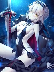 artoria_pendragon artoria_pendragon_(alter) artoria_pendragon_(swimsuit_rider_alter) blush cleavage fate/grand_order fate_(series) female_only gloves kousaki_rui looking_at_viewer maid mitsuzaki_(artist) pale_skin swimsuit sword weapon yellow_eyes