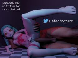 1boy 1girls 3d 3d_model cyberpunk cyberpunk:_edgerunners defectingman feet female hands_behind_head hands_on_head male missionary missionary_position on_floor on_ground on_side open_mouth penis rebecca_(edgerunners) red_eyes sex toes