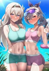 2girls ahoge ai_generated arm_around_waist blue_sky blush crop_top day ear_piercing firefly_(honkai:_star_rail) hair_ornament hand_on_another's_hip honkai:_star_rail horns long_hair ltgwhtl midriff navel outdoors ponytail poolside red_eyes short_shorts silver_hair silver_wolf_(honkai:_star_rail) smile sports_bra sunglasses_on_head sunny sweat swimsuit v_sign wet white_hair