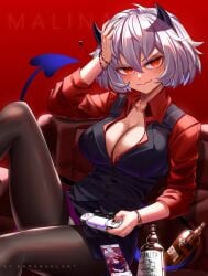 1girls black_pantyhose breasts cleavage closed_mouth collarbone collared_shirt controller demon_girl demon_horns demon_tail enma_(enmanuelart) enmanuelart20 female female_only frown game_controller hand_on_own_head helltaker highres holding holding_controller holding_game_controller horns large_breasts long_sleeves looking_at_viewer malina_(helltaker) medium_hair pantyhose red_eyes red_shirt shirt sitting sleeves_rolled_up solo tail vest white_hair
