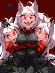 3girls ahoge animal_ear_fluff animal_ears black_gloves black_neckwear black_vest breasts cerberus_(helltaker) closed_mouth demon_girl demon_tail enma_(enmanuelart) enmanuelart20 eyelashes female female_only girl_sandwich gloves glowing glowing_eyes hand_on_another's_head helltaker highres hug large_breasts long_hair looking_at_viewer matching_outfits multiple_girls necktie oerba_yun_fang open_mouth pants red_background red_eyes red_shirt sandwiched sharp_teeth shirt siblings simple_background skin_fang smile symmetry tail teeth thigh_gap triplets vest waistcoat watermark white_hair wolf_ears