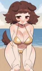 ai ai_generated beach big_breasts big_thighs bikini bikini_bottom breasts brown_hair dog_ears dog_girl dog_tail forward_bent_pose full_body gold_bikini golden_bikini half-closed_eyes hands_on_knees medium_breasts medium_thighs medium_tits mimi_(typh) open_mouth pierced_ears piercing pov pussy sea sea_background smile talking talking_to_viewer taller_female thighs typh