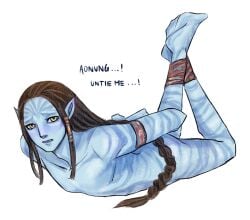 aonung avatar avatar:_the_way_of_water long_hair long_hair_male male male_focus male_only na'vi neteyam non-con non-consensual non-human non-human_only tied_arms tied_legs tied_up