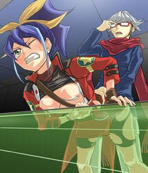 1boy bent_over breasts celina clothes doggy_style female glasses green_eyes hand_on_hip jacket medium_breasts nipples one_eye_closed pain purple_hair rape ribbon scarf serena_(yu-gi-oh!_arc-v) serena_(yuu-gi-ou_arc-v) sex siblings silver_hair sweat tearing_clothes yu-gi-oh! yu-gi-oh!_arc-v