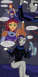 2girls artist_request clothed dc dc_comics dialogue eating english_dialogue english_text female female_only green_eyes grey_skin orange_skin purple_hair rachel_roth raven_(dc) red_hair speech_bubble spray_can starfire straight_hair teen_titans whipped_cream whipped_cream_can yuri