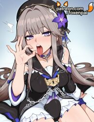 1futa 2026 ^^^ ai_generated artist_name breasts brown_hair bust chains chest choker collar eyebrows_visible_through_hair fellatio_gesture flower foxenpai futanari hat herta_(honkai:_star_rail) hi_res high_quality high_resolution highres honkai:_star_rail honkai_(series) long_hair open_mouth patreon patreon_username purple_eyes solo stable_diffusion the_herta_(honkai:_star_rail) tongue tongue_out trembling watermark