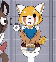 1boy 1girls aggressive_retsuko anal anthro anus ass bathroom bathroom_stall bear blpanda bottomless chibi cute duo fart female fur furry gas gassy haida hyena male mammal masturbation panda penis pussy retsuko squatting straight_hair toilet toilet_use voyeur