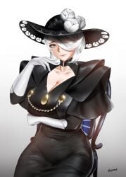 1girls arm_under_breasts artist_name black_dress black_hat breasts chair cleavage cleavage_cutout closed_mouth clothing_cutout cogita_(pokemon) cogito_(pokemon) collarbone covered_navel dress easonx elbow_gloves female female_only game_freak gloves gradient_background grey_background grey_eyes hair_over_one_eye hand_up hat hat_ornament highres large_breasts looking_at_viewer nintendo pokemon pokemon_legends:_arceus sitting solo sun_hat white_gloves white_hair