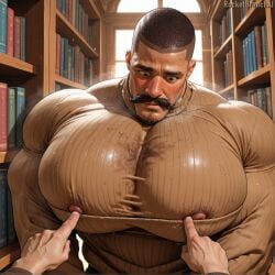 1boy ai ai_generated bara bara_tiddies bara_tits big_breasts big_chest big_pecs brown-skinned_male busty huge_breasts huge_chest huge_pecs library male male_only pecs_bigger_than_head rocketbranchai solo solo_male tutor
