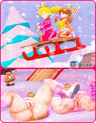 2_panel_comic 2girls 3d 3d_(artwork) anus anus_focus anus_outline ass ass_focus big_ass boobs_and_butt_pose boobs_out breasts coat curvy curvy_females curvy_hips curvy_thighs fat_ass female female_focus goomba hips hips_wider_than_shoulders kabalmystic_(style) mario_(series) meme nintendo no_panties no_pants nude nude_female pants pants_removed princess_daisy princess_peach pussy sfm sled snow source_filmmaker spanish_text thick thick_ass thick_butt thick_hips thick_legs thick_thighs thighs thighs_bigger_than_head thighs_bigger_than_torso translation_request trapped vagina video_games