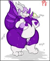 anthro big_breasts breasts cake canine canine eating female food huge_breasts husky hyper hyper_breasts mammal momma_jerbear nude obese overweight paws pfh pussy solo sweat thick_thighs voluptuous