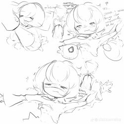 1boy canon_couple female inside male/female murder_drones n_(murder_drones) one_eye_closed one_nipple_out pinned_down russian_text shaking tiktok uzi_(murder_drones) womb womb_penetration