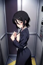 ai_generated black_hair bleach blush breasts_out elevator kuchiki_rukia looking_at_viewer small_breasts solo