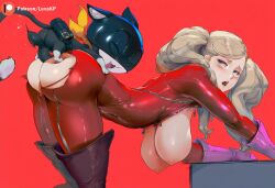 1boy 1girls ai_generated ann_takamaki atlus bent_over blonde_hair blue_eyes blush bodysuit breasts breasts_out closed_eyes female furry genitals hanging_breasts happy large_penis latex looking_back looking_pleasured lucakp moaning morgana_(persona) nipples patreon patreon_link patreon_logo patreon_reward patreon_url patreon_username penis persona persona_5 red_background ripped_bodysuit ripped_clothing sex sex_from_behind simple_background size size_difference smile smiling tagme thrusting thrusting_into_ass twintails