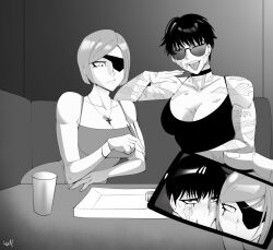 2girls big_breasts eye_patch female female_focus glasses implied_fellatio indralvspaizuri jujutsu_kaisen kugisaki_nobara monochrome multiple_girls necklace scars sticking_out_tongue tagme video_recording zenin_maki