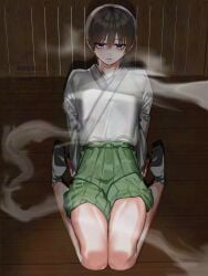 bare_legs blue_eyes brown_hair full_body fully_clothed gintama hakama japanese_clothes looking_at_viewer male male_only musk okita_sougo seiza sitting solo steam thighs twink va0tt